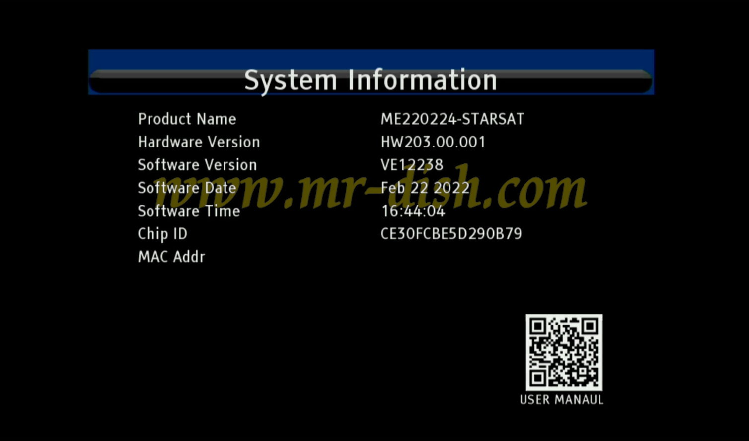 STARSAT Gx6605S HW203 U43 MENU Information